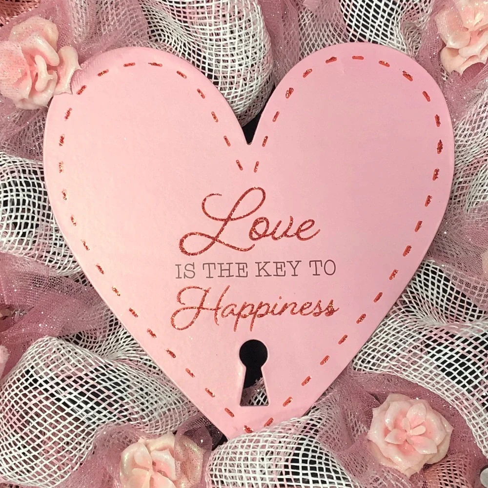 Gnome Wreath Valentines Love is the Key to Happiness Hearts Roses Ribbons